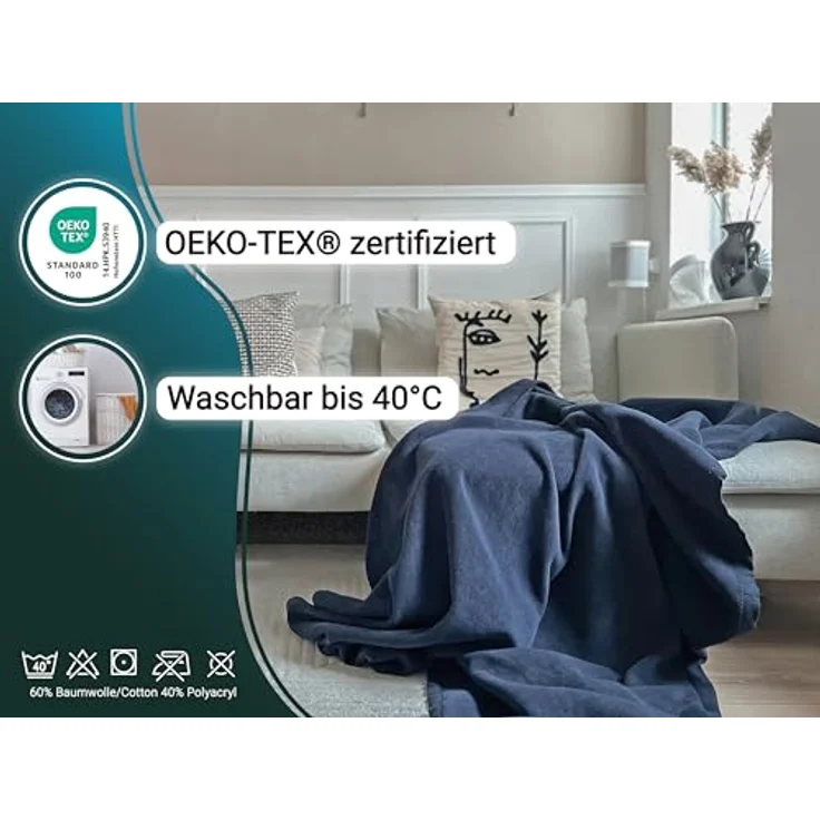 Zollner Kuscheldecke, Dunkelblau, 150x200 cm, aus Naturmaterialien (60% Baumwolle, 40% Polyacryl), Oeko-Tex® Standard 100, ideal für Wohnzimmer und Schlafzimmer – Bild 3