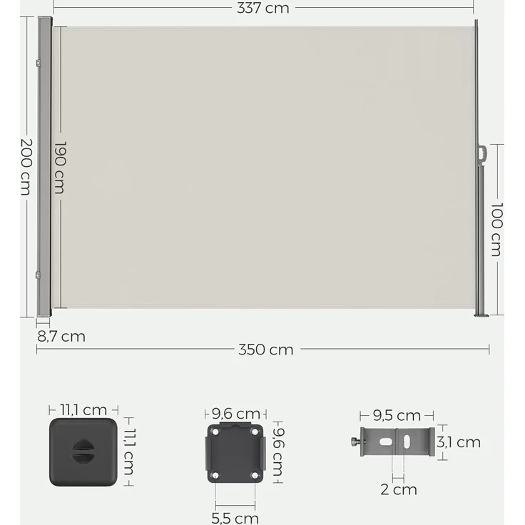 Songmics Seitenmarkise mit Stahl-Kasten, rostbeständig, ausziehbar, 200x350 cm, Sichtschutz, Sonnenschutz, Blickdicht, Seitenrollo, für Balkon, Terrasse, Garten, beige GSA205E02 – Bild 2