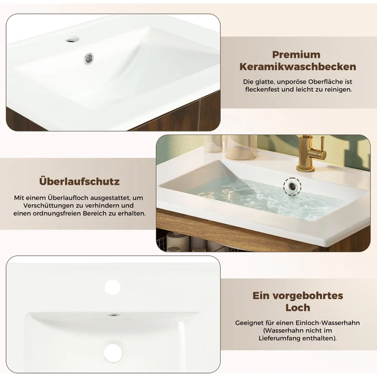 Waschbeckenunterschrank 61 x 47 x 89 cm aus MDF mit Keramikbecken und Rattan-Doppeltüren – Bild 5