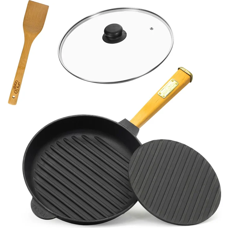 Ø26cm Grillpfanne Gusseisen mit Pressdeckel Glasdeckel Pfannenwender Induktion Holzgriff Bratpfanne Pfanne Feuerpfanne – Bild 1