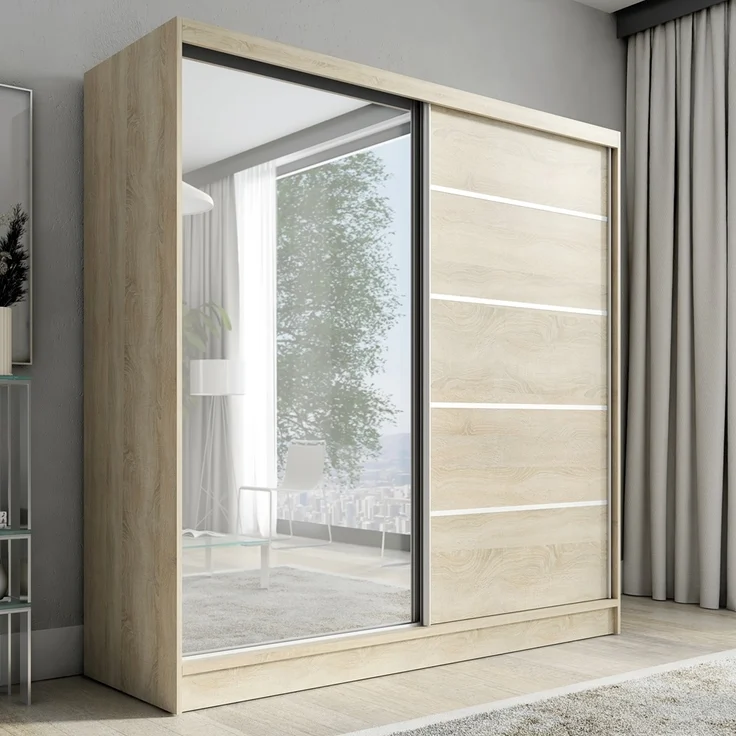 A&J MöbelLand Schwebetürenschrank NERO 200 cm mit Spiegel drei Schubladen – Bild 1