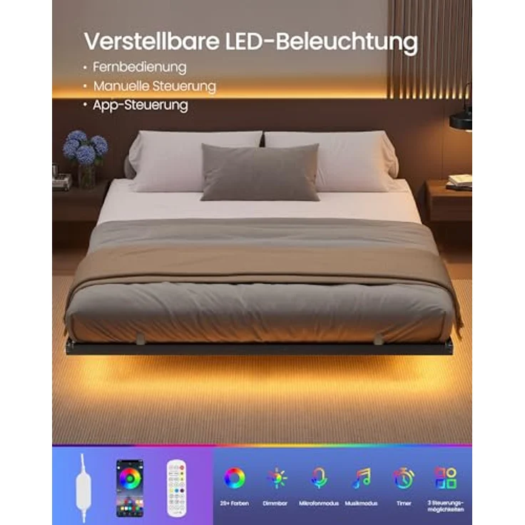 VASAGLE Bettgestell 180x200 cm, schwebender Effekt, LED-Beleuchtung, abnehmbare Steckdosenleiste, 2 AC-Steckdosen, 1 USB-C-Anschluss, 2 USB-A-Anschlüsse, trägt bis 500 kg, tintenschwarz RMB178B101 – Bild 5
