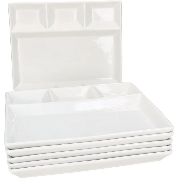 MamboCat Frühstücksteller 6er Set Fondueteller weiß 23x18 cm mit 4 Fächern Raclette Fondue Dip – Bild 1