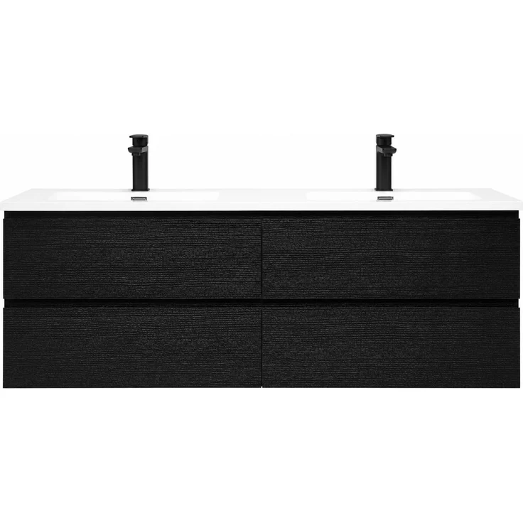Badplaats Badmöbel Set mit Waschbecken und Unterschrank Angela 140 x 48 cm Schwarz Holz - Waschbeckenunterschrank mit Soft-Close und Doppelwaschbecken, Vorgemontiert – Bild 4