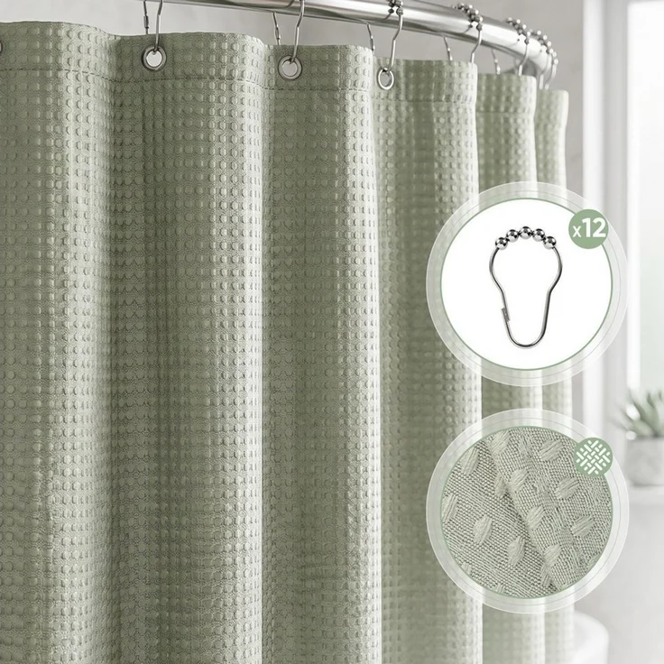 Sekey Duschvorhang Textil Duschvorhang Wannenvorhang Waschbar wasserabweisend mit Ringe Breite 180 cm (Packung, inkl. 12 Ringe), Badewannenvorh, 100% Polyester, Waffelstoff 180x200cm Grün – Bild 2
