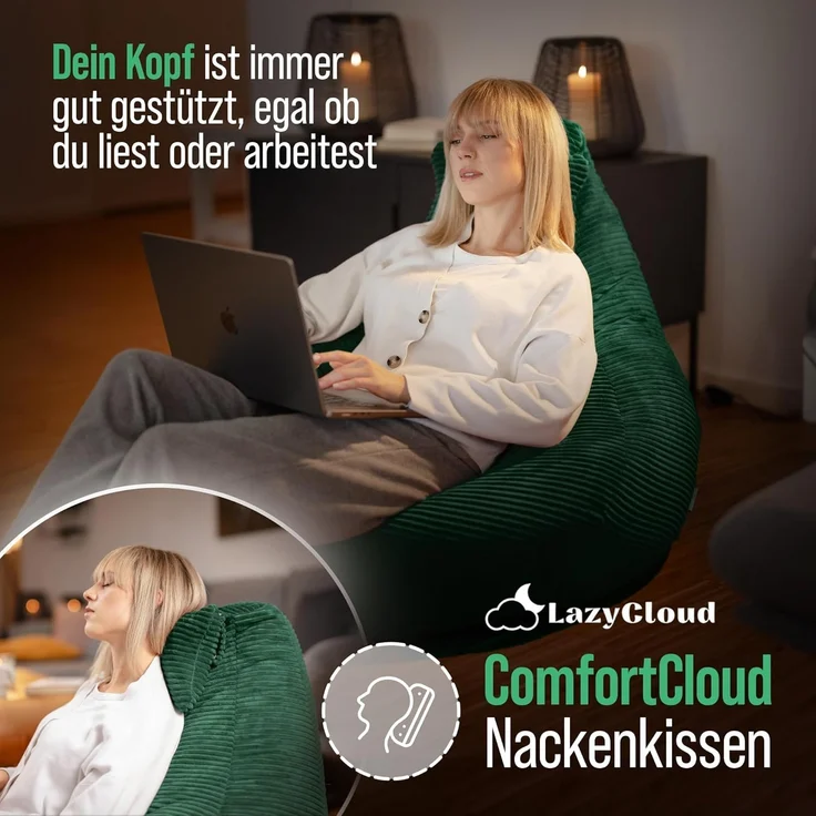 LazyCloud Sitzsack für Erwachsene mit integrierter [Nackenstütze] Cord | XXL Indoor Bean Bag mit Füllung | perfekt als Chill-, Lese- oder Gaming Sessel (90 x 80 x 70 cm) (Dunkelgrün) – Bild 3