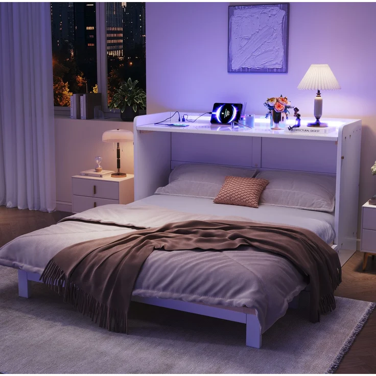 CHICFURN Bett aus MDF Weiß 140x200 cm als Schrankbett mit Schubladen und LED-Beleuchtung – Bild 3