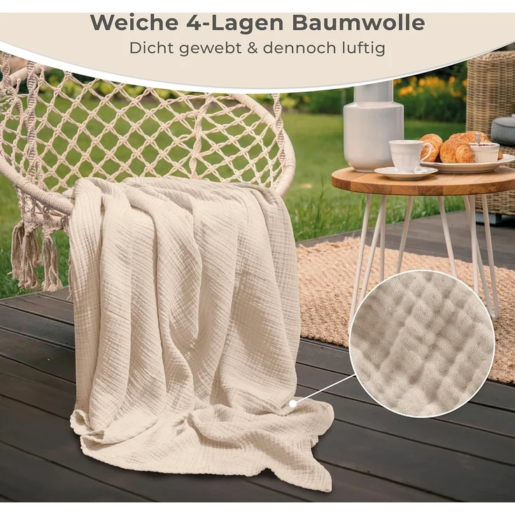 LAYNENBURG Premium Musselin Tagesdecke 220x240 cm XXL - 100% Baumwolle - extraweiche Baumwolldecke als Kuscheldecke, Bett-Überwurf, Sofa-Überwurf, Couch-Überwurf - warme Sofa-Decke (Beige) – Bild 6