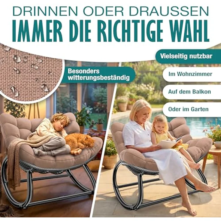 KESSER® Schaukelstuhl, für drinnen & draußen, ergonomisch, max. Belastung von 120kg, mit rutschfesten Füßen, Witterungsbeständig, Taupe – Bild 8