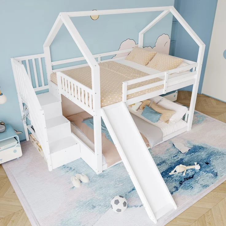 Etagenbett mit Stauraumtreppe und Rutsche, Hausbett(Ohne Matratze), Kinderbett mit Geländer,geeignet für Kinder, Jugendliche, 140x200 cm, Weiß – Bild 4