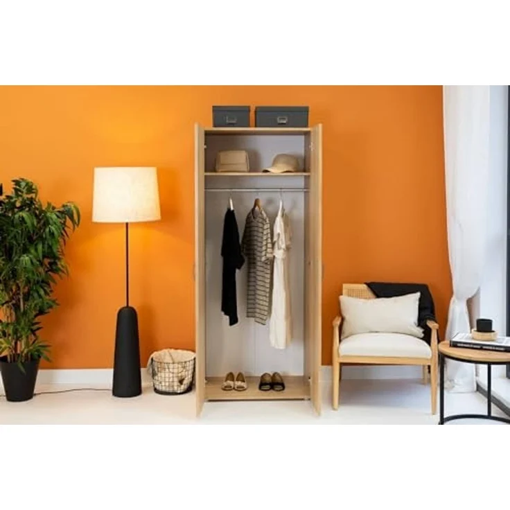 Dmora - Kleiderschrank 2 Türen Cork, Schlafzimmermöbel, Schrank, Garderobe, 74x52 h179 cm, Eiche – Bild 4