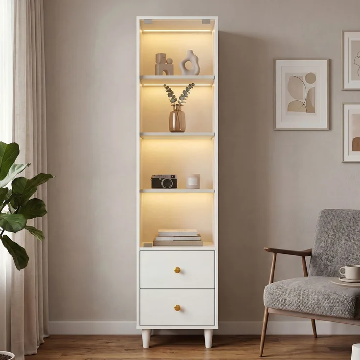 Vitrine mit LED-Beleuchtung, modernes Bücherregal mit Glastüren und 2 Schubladen, Vitrine für Sammlerstücke, moderner Stil mit goldenen Griffen, weiß–H165/B40/T35cm--Weiß--40x35x165cm--YOUDENOVA