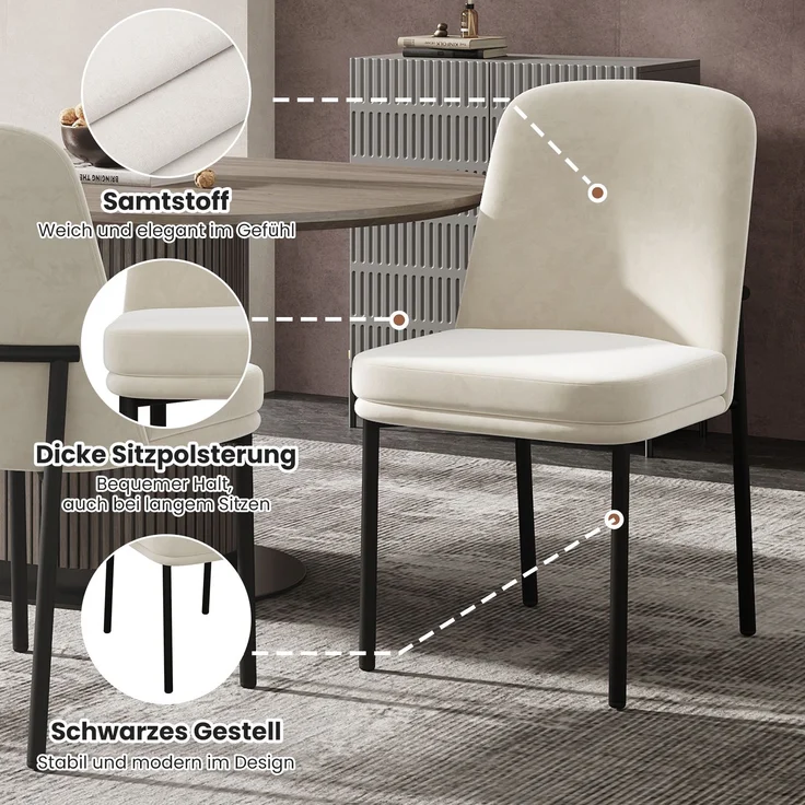 Merax Esszimmerstuhl (Set, 2 St), 2er Set Polsterstühle Küchenstuhl Samt Beige, Schwarzer Metallbeine – Bild 8