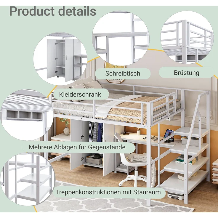 Hochbett 140 × 200 cm, integrierter Schreibtisch, Kleiderschrank, offene Regale und Ablageleiter, platzsparendes Design, Weiß – Bild 5