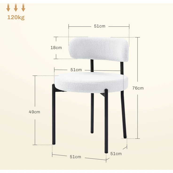 MELAYR, 2er-Set Esszimmerstühle, Fleece-Polsterung, Stühle mit Polstersitz, Metallbeine, Cremeweiß, 51 x 51 x 76 cm – Bild 5