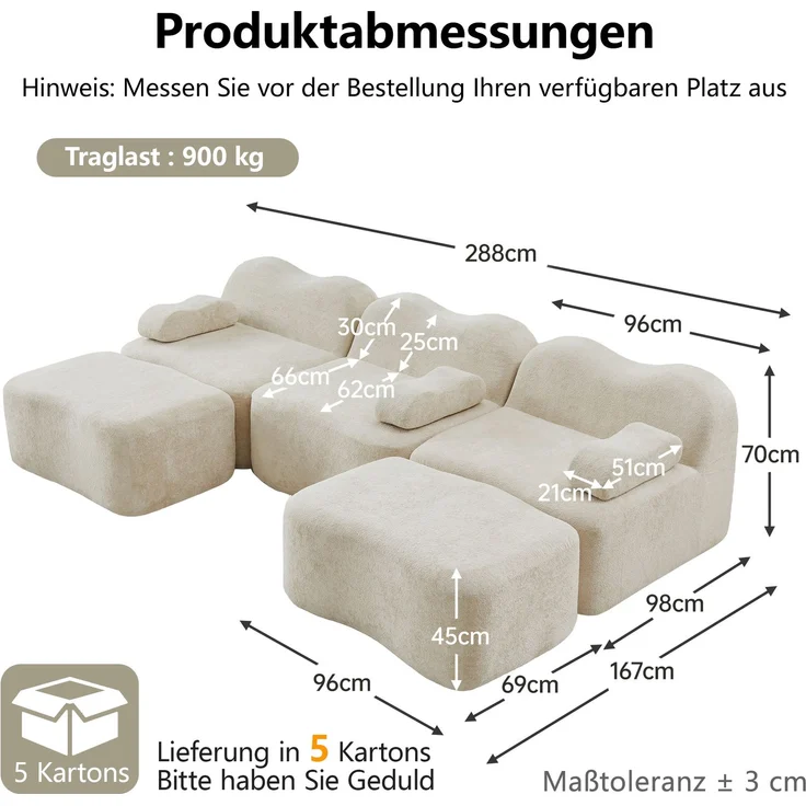 EINHOM 3-Sitzer U-förmiges Modulares Boneless Sofa mit 2 Ottomans, 32D Hochdichtschaum, Wellenform, tiefe Sitzfläche, bewegliches Armlehnenkissen, für Wohnzimmer, Beige – Bild 2