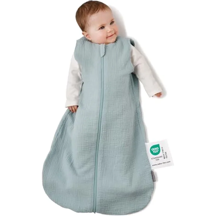 LaLoona Sommer-Schlafsack Musselin/Mull, Mint, 60 cm, atmungsaktiv mit TOG 0,5 und Kinnschutz