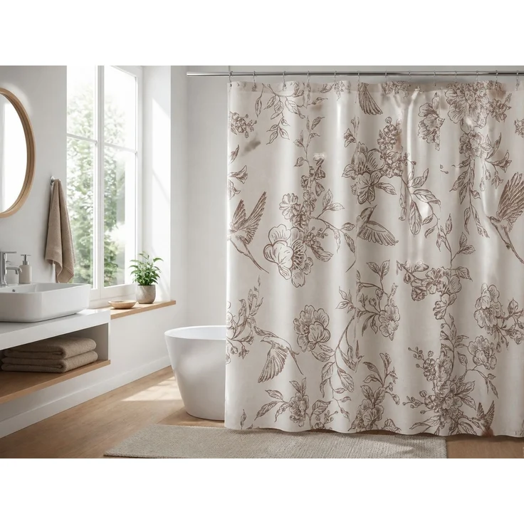 Duschvorhang mit Blumen- und Vogelmotiv wasserabweisend Beige-Braun 240 x 180 cm – Bild 2