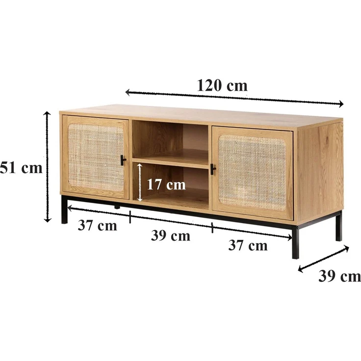 Casâme TV-Möbel mit 2 Türen, Rattangeflecht und 2 Ablagen - L120cm - Helles Holz – Bild 10