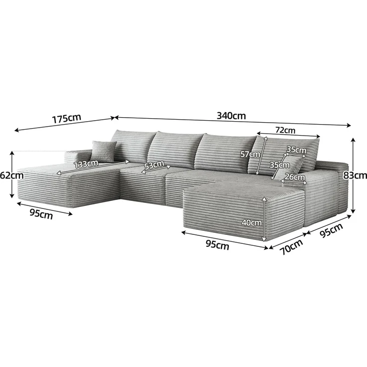 EINHOM 340 cm Boneless Modular Ecksofa, mit L-förmiger Chaiselongue, modernes modulares Sofa , mit tiefer Sitzfläche, Keine Montage erforderlich, Kompressionssofas for Wohnzimmer, Schlafzimmer, Wohnung, Grey – Bild 2