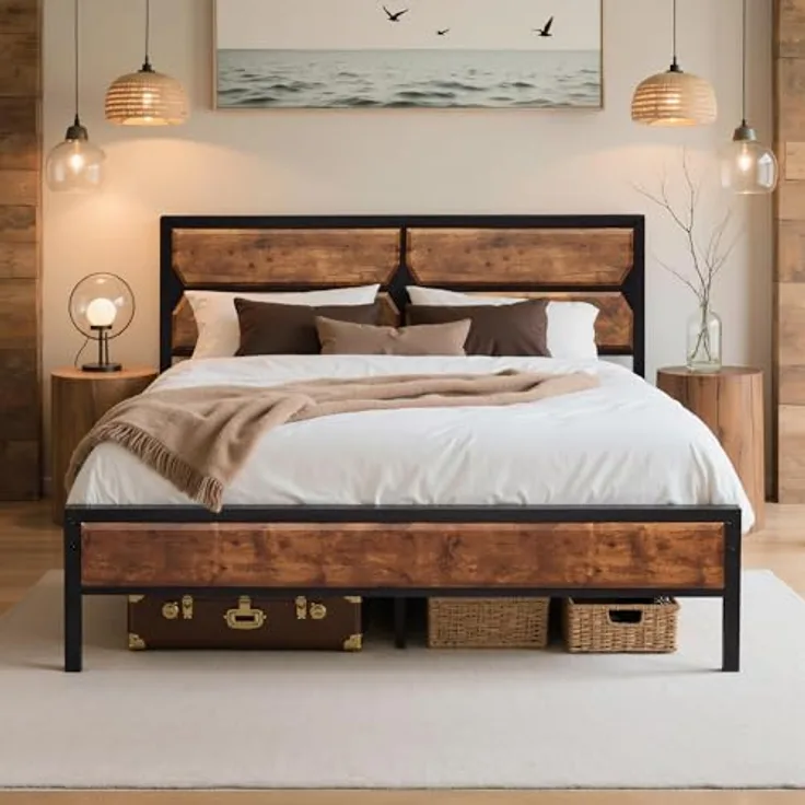VECELO Bettgestell 140x200 cm, Metall-Holz Doppelbett mit Lattenrost, geräuschlos und stabil, mit Stauraum, einfache Montage für Schlafzimmer und Gästezimmer, Braun