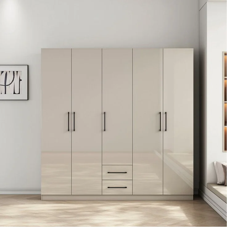 OTTO home Kleiderschrank Sylt Schlafzimmerschrank Garderobe Schrank TOPSELLER in hochglanz weiß (5 Türen, 2 Schubladen, schwarze moderne Griffe, 7 Einlegeböden) Drehtürenschrank mit perfekter Innenausstattung, Breite 200cm – Bild 2