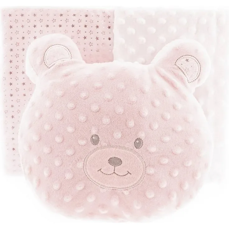 Almina Babydecken-Set mit Bärenkissen Zweilagige Babydecke aus Polyester Sternenmuster 100x80 cm Rosa