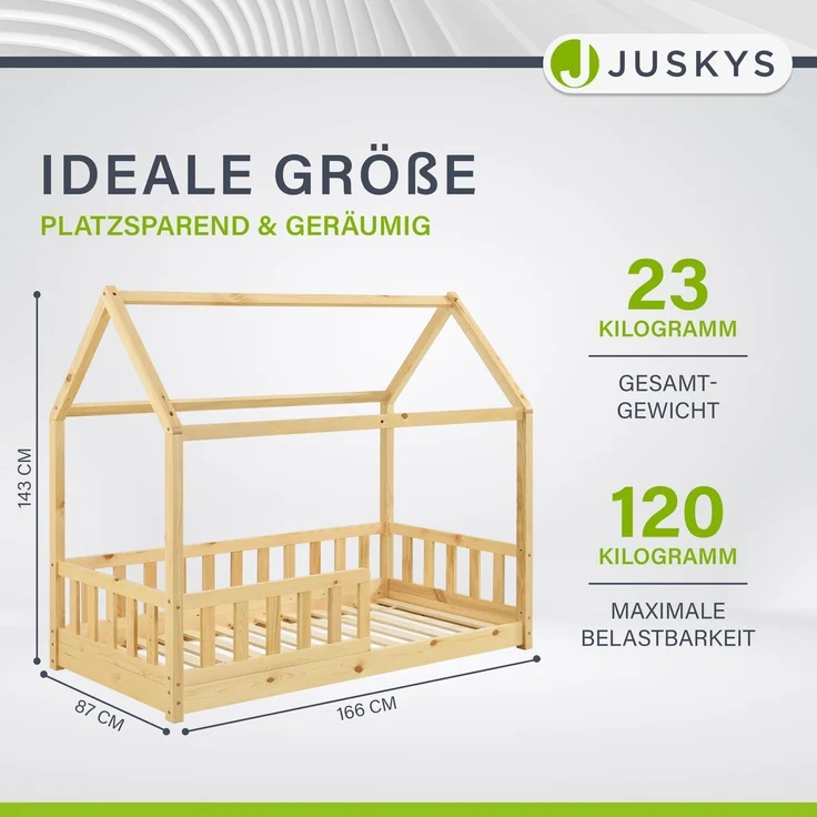 Juskys 'Marli' Kinderbett, mit Matratze, Rausfallschutz, Lattenrost & Dach - Massivholz Hausbett für Kinder - Bett in Natur, 80x160 cm – Bild 2