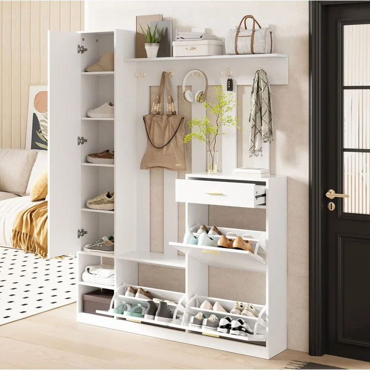 CHICFURN Schrank 133x180x23,5 cm als Garderoben-Set mit 3 Schuhkippern und Spiegel Weiß – Bild 3
