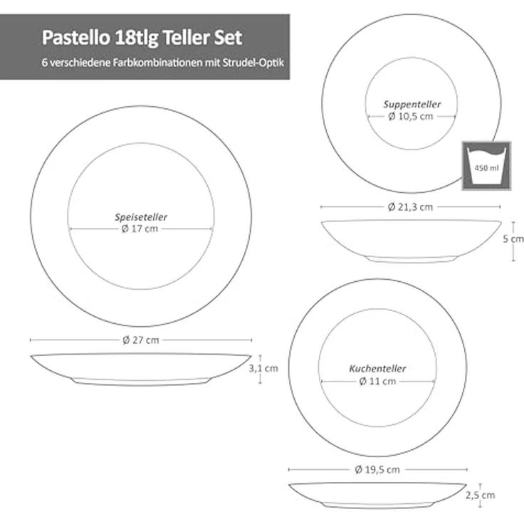 MamboCat Teller-Set 18tlg Tellerset Pastello 6 Pers. Essteller Kuchenteller bunt Teller, Steingut – Bild 6
