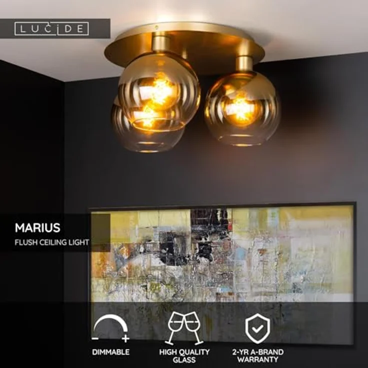 LUCIDE MARIUS, Deckenleuchte 3xE27, Mattes Gold/Messing, geeignet für LED-Lichtquellen, aus Glas gefertigt – Bild 3