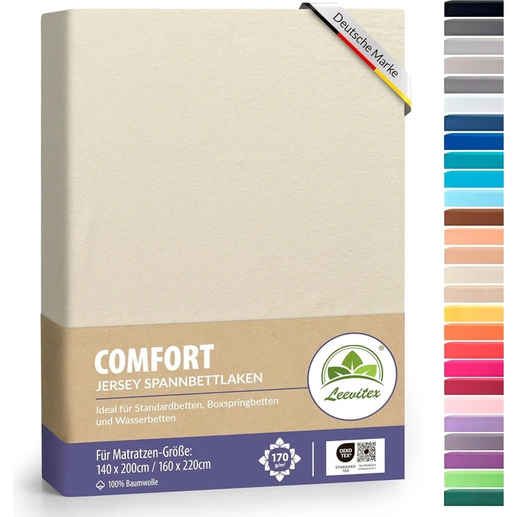 leevitex® Spannbettlaken, Premium 170g/m², Gummizug: rundum, schwer und dick, 100% Jersey-Baumwolle, Creme / Naturweiß, 140 x 200 - 160 x 220 cm