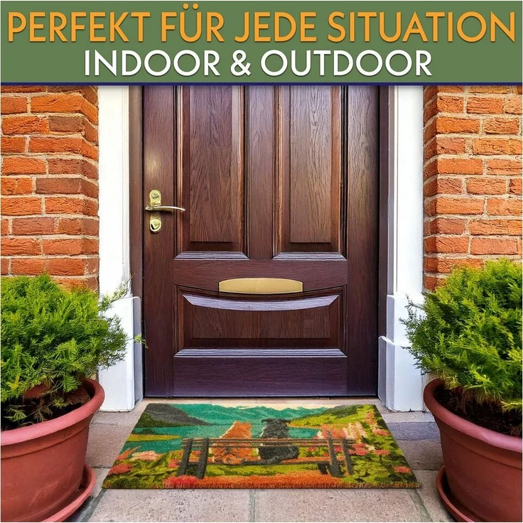 BRUBAKER Fußmatte Hund und Katze auf Bank vor Bergsee mit Blumen - Schmutzfangmatte, Rechteckig, Höhe: 15 mm, Fußmatte für Außen und Innen - Wetterfest und Rutschfest - 45x75 cm – Bild 3