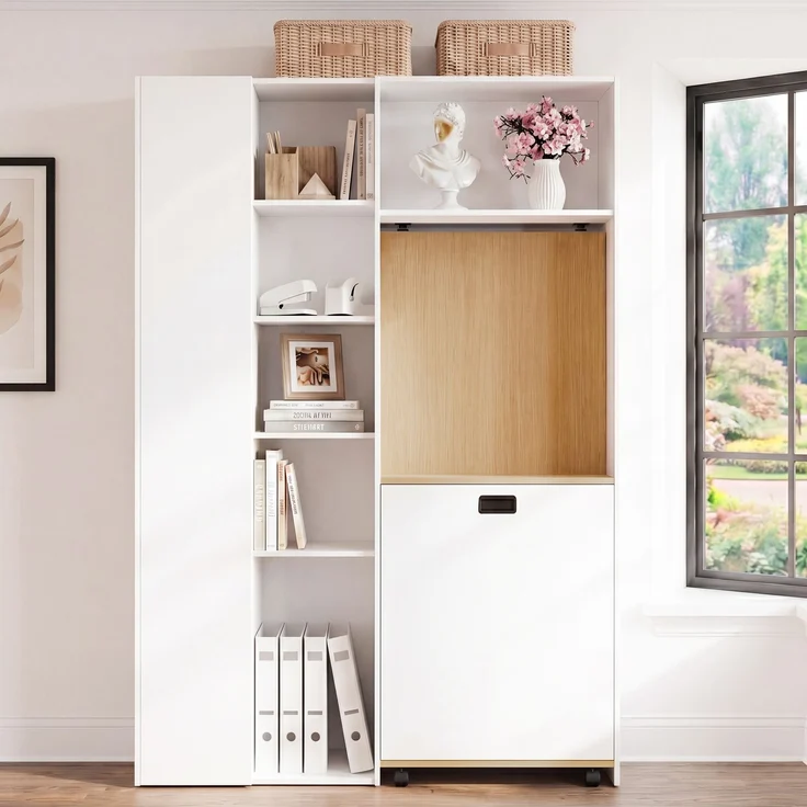 Klappbarer Schreibtisch mit Ablagen –2-in-1-Bücherregal und Schreibtisch, klappbar, mit Steckdose und USB-Anschluss, höhenverstellbare Ablagen, Kippschutz, weiß-Schreibtisch,Eck-Schreibtisch –links – Bild 3