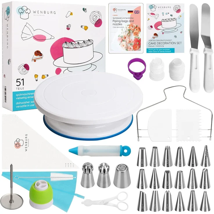 Wenburg Tortenplatte Drehbar - 51 tlg. Tortenständer Set mit 28cm Drehbare Tortenplatte & Torten Zubehör für Anfänger und Profis - Cake Stand, Drehteller Torte & Kuchen Zubehör – Bild 1