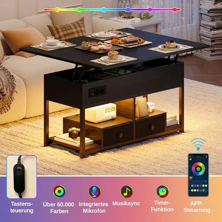 IRONCK Couchtisch Höhenverstellbar, LED Wohnzimmertisch mit Steckdosen | 2AC+USB+USB‑C, Kaffeetisch Holz, 2 Schubladen, Umwandelbar Esstisch 100×80cm, Schwarz – Bild 4