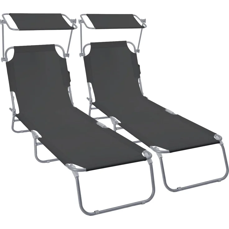 VOUNOT® 2er Set Sonnenliege Klappbar, Gartenliege mit Dach und 4-Fach Verstellbarer Rückenlehne, Leichte Strandliege für Garten, Terrasse, Camping, Pool & Strand, Schwarz