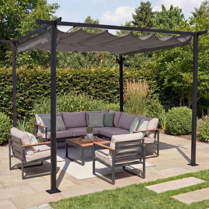 Pergola HWC-C42 mit Schiebedach, Stahl / Stoff, Grau, 3,5x3,5 m – Bild 1