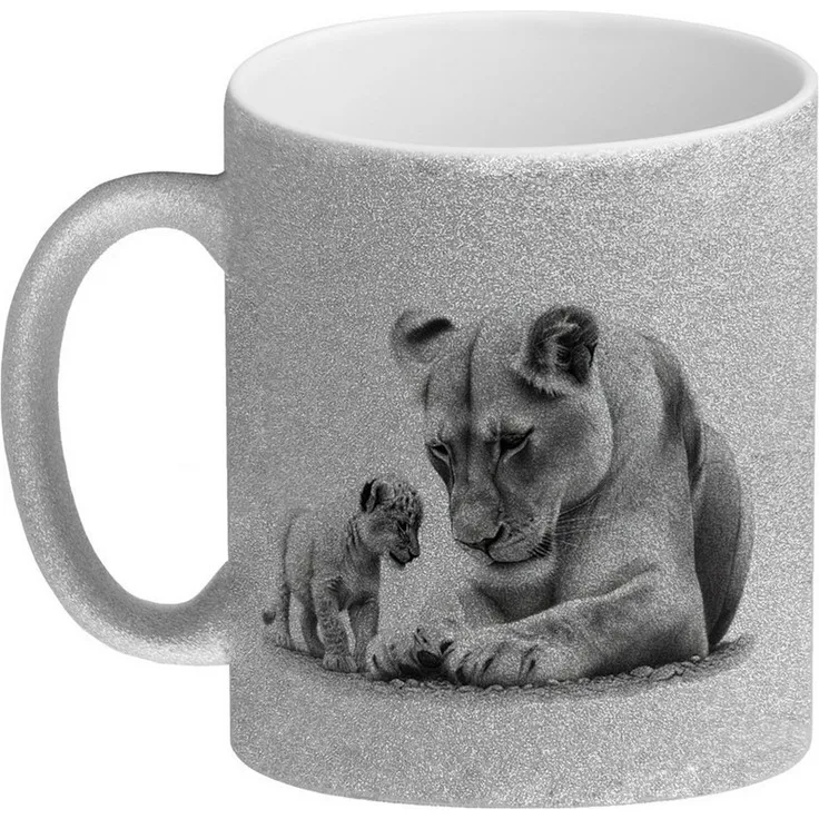 speecheese Tasse Liegende Löwin mit Babylöwe Glitzer-Kaffeebecher