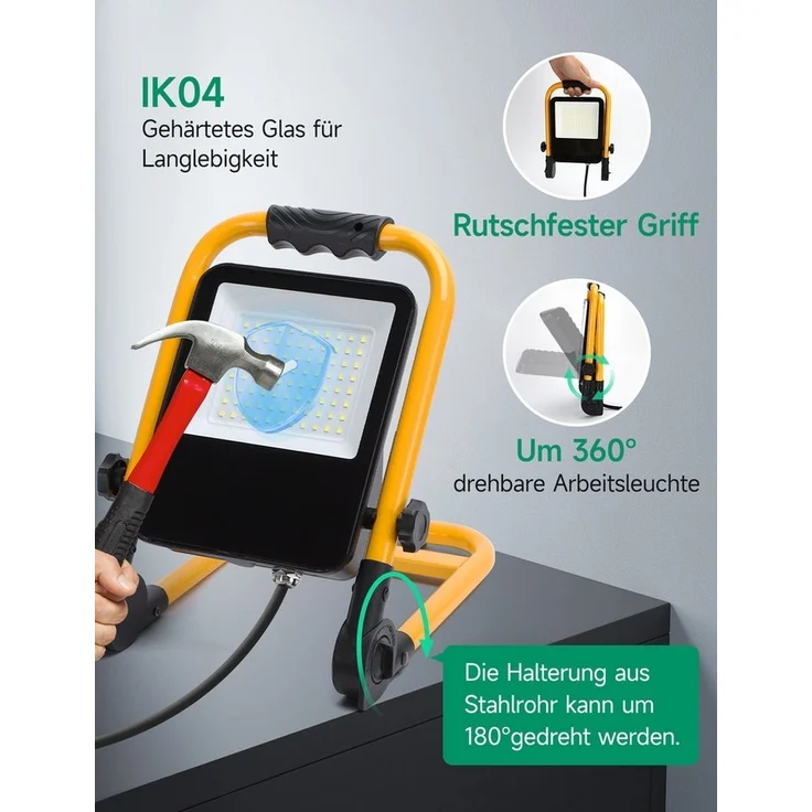 Aigostar LED Baustrahler Baustrahler LED Arbeitsleuchte mit Stecker, IP65, 2 Stück, LED fest integriert, ohne Leuchtmittel, Tageslichtweiß, 6500k – Bild 2