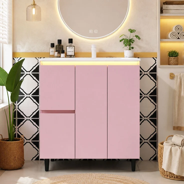 76*47*89cm, freistehender Badezimmerwaschtisch, komplett lackiert, LED-Radarsensorleuchte, Soft-Close-Scharniere, integriertes Waschbecken, hohes Fußdesign, rosa. – Bild 1