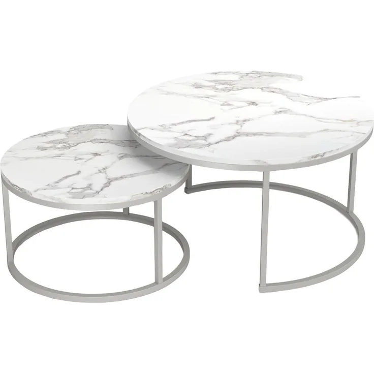 Runder Couchtisch Marmor Optik Weiß Silber 80x80cm & 60x60cm