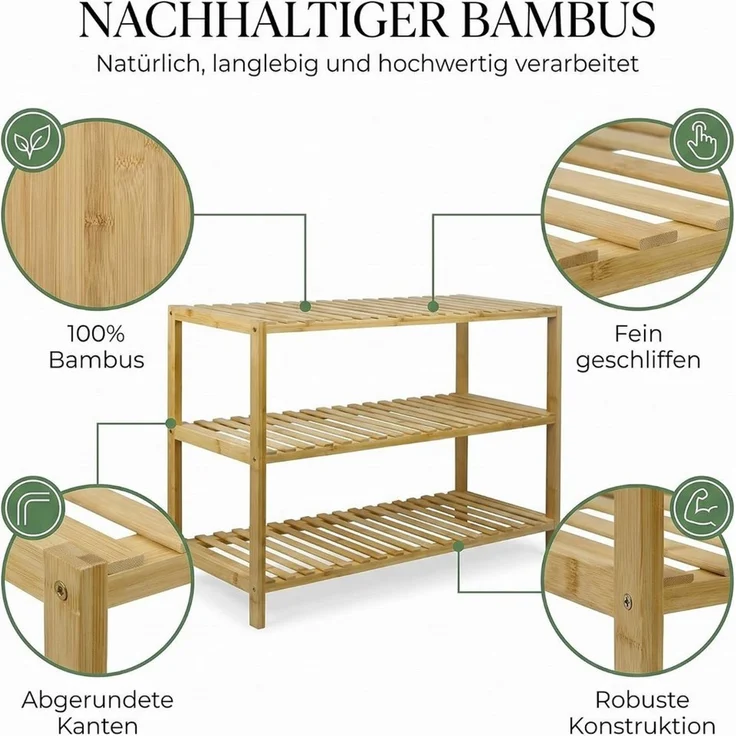 hausleben Schuhregal Bambus Schuhregal, 3 Ebenen, 70x28x50 cm, Naturholz Standregal, Einzelartikel 1-tlg, Stabil, Leicht zu Reinigen – Bild 4