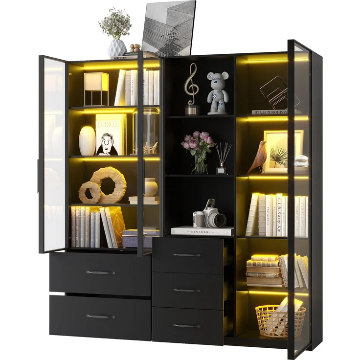 ZUBALIYA LED-Vitrine 140×40×160 cm – Bücherregal und Multifunktionsschrank mit Glas- und offenen Fächern, sanft schließenden Scharnieren, mehrfarbiger LED-Beleuchtung, staubdichter Glasvitrine,Bücherregal – Bild 3