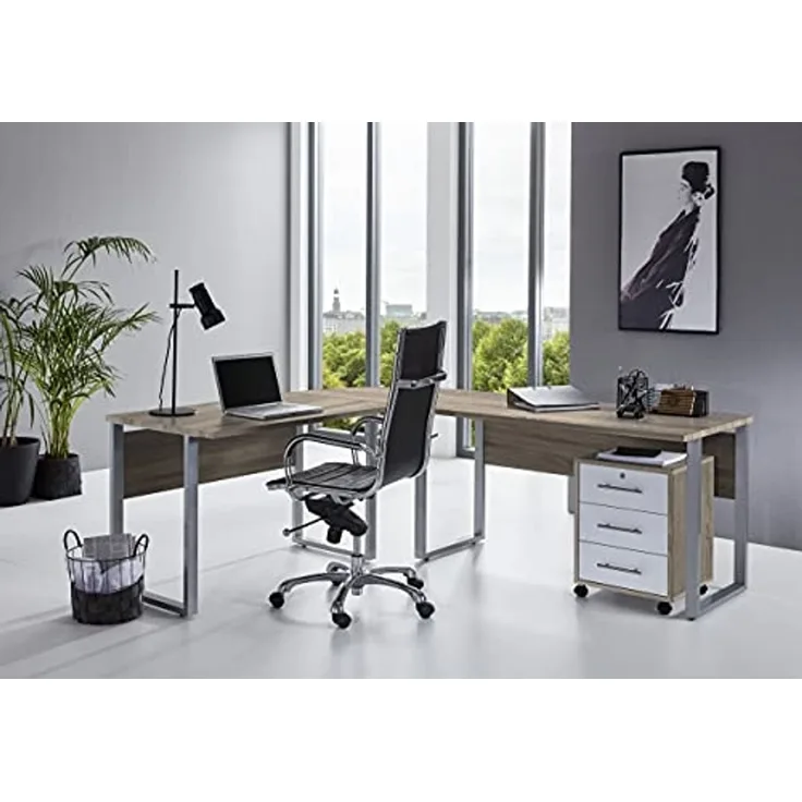 BMG Möbel Eckschreibtisch Office Edition Set 0 (Schreibtisch Set, Winkelschreibtisch), inkl. Rollcontainer, abschließbar auf Rollen