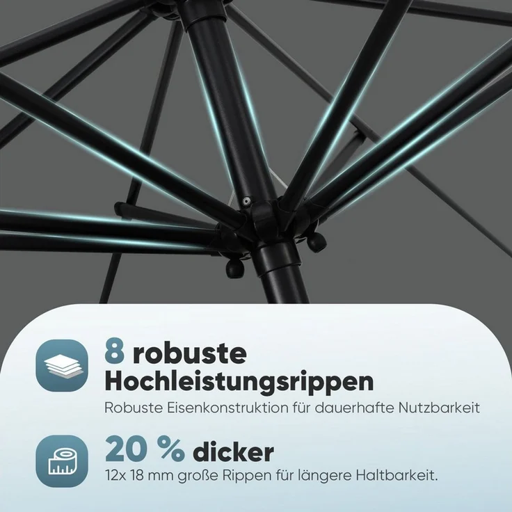 Sekey Sonnenschirm ø 200/270/300 cm Gartenschirm Rund, Marktschirm Knickbar, mit Kurbel, LxB: 300x300 cm, sonnenschirm 300cm, Neigungswinkel, für Balkon Garten, UV 50+ – Bild 3
