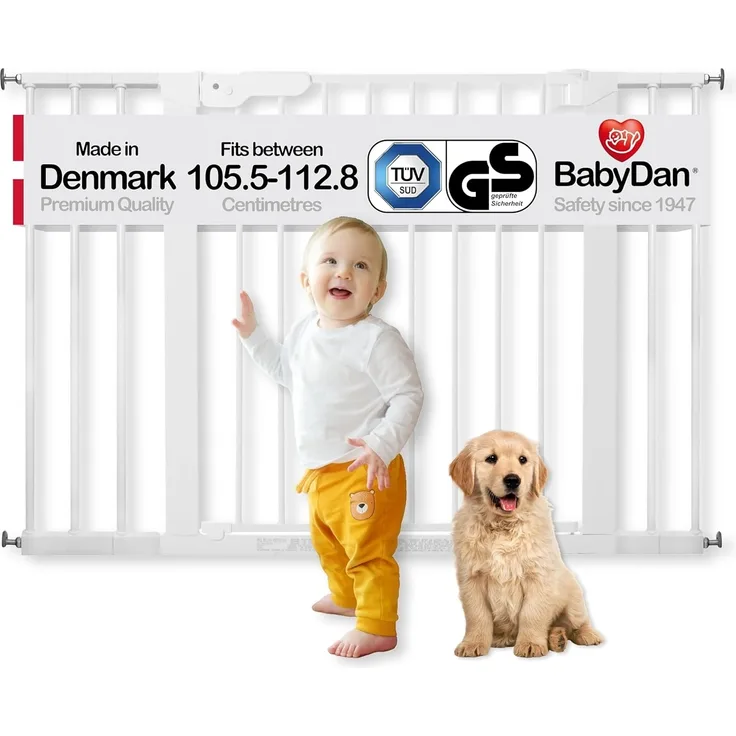 BabyDan Premier Türschutzgitter / Treppenschutzgitter zum Klemmen, 105.5 - 112.8 cm - hergestellt in Dänemark und vom TÜV GS geprüft, Farbe: Weiß