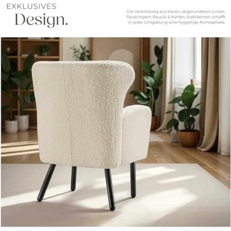 tectake Relaxsessel Polstersessel mit Bouclé-Bezug, Belastbarkeit 120 kg, 72 x 71 x 92 (Fernsehsessel Vänersborg, in Creme), breite Armlehnen, ergonomisch, Stahlbeine, höhenverstellbar – Bild 5