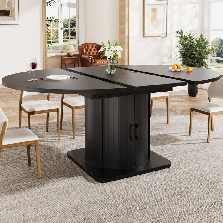 Esstisch 118-158x118x76 cm ausziehbar in Schwarz, MDF mit flexiblem Umbau und Stauraum – Bild 1