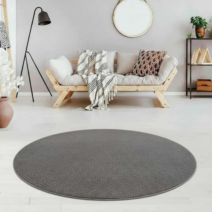 Fashion4Home Teppich Wohnzimmer – Einfarbig Teppich, Uni Teppich fürs Kinderzimmer, Schlafzimmer, Arbeitszimmer, Büro, Flur und Küche - Kurzflor Teppich Grau, Größe: 200 cm Rund